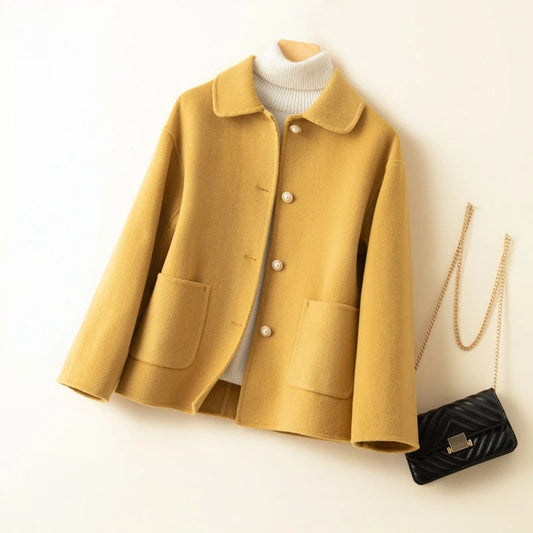 Women's Coat with Doll Collar, Short Elegant Design and Subtle Front Pockets