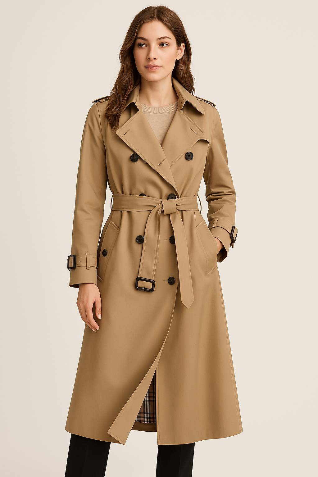 Women's Classic Double Button Trench Coat – Timeless Polyester Outerwear with Detachable Belt and Deep Pockets