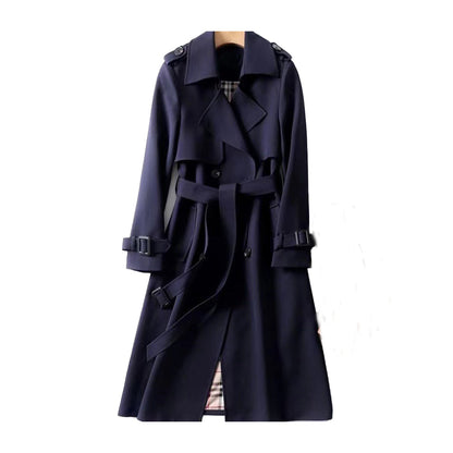 Women's Classic Double Button Trench Coat – Timeless Polyester Outerwear with Detachable Belt and Deep Pockets