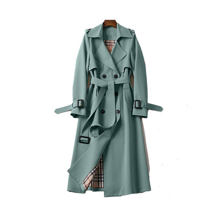 Women's Classic Double Button Trench Coat – Timeless Polyester Outerwear with Detachable Belt and Deep Pockets