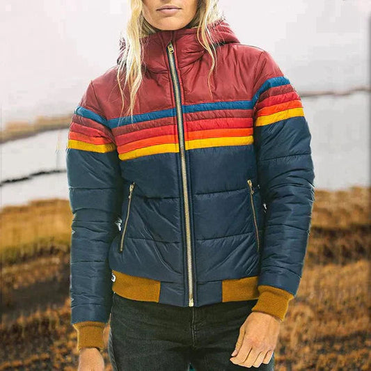 Women's Color Block Puffer Jacket - Stylish Warm Winter Coat for Casual Outdoor Wear