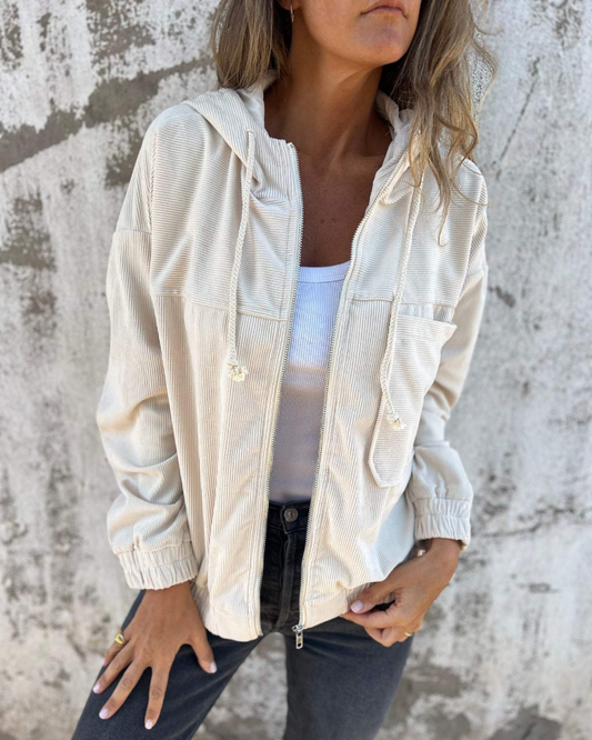 Women's Corduroy Jacket with Zip and Hood – Retro Casual Coat with Pockets for Everyday Wear