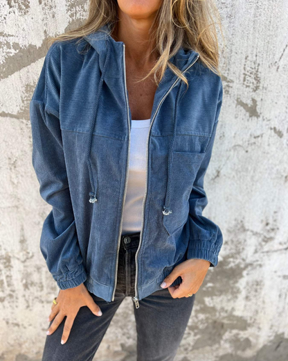 Women's Corduroy Jacket with Zip and Hood – Retro Casual Coat with Pockets for Everyday Wear