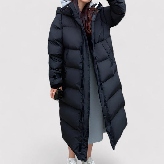 Women's Long Black Waterproof Puffer Jacket - Insulated Hooded Winter Coat for All-Weather Protection