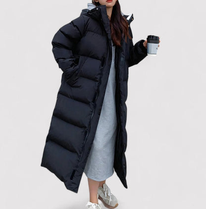 Women's Long Black Waterproof Puffer Jacket - Insulated Hooded Winter Coat for All-Weather Protection