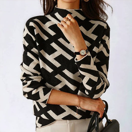 Women's Long Sleeve Geometric Knit Top in Soft Stretch Fabric – Casual Spring/Fall Style