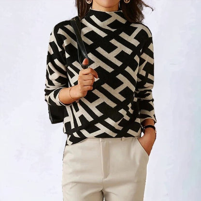 Women's Long Sleeve Geometric Knit Top in Soft Stretch Fabric – Casual Spring/Fall Style