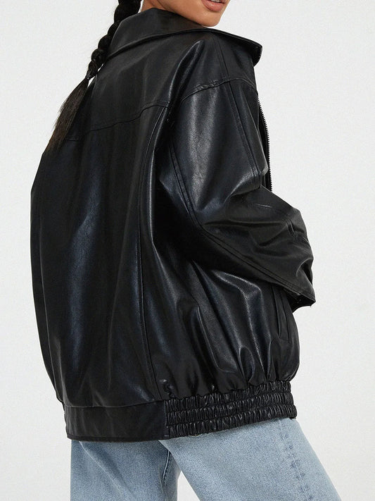Women's Oversized Leather Bomber Jacket with Zipper Front – Casual Street Style Coats for Effortless Layering