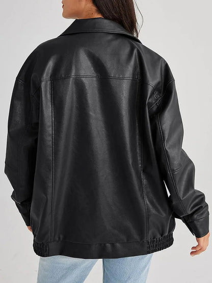 Women's Oversized Leather Bomber Jacket with Zipper Front – Casual Street Style Coats for Effortless Layering