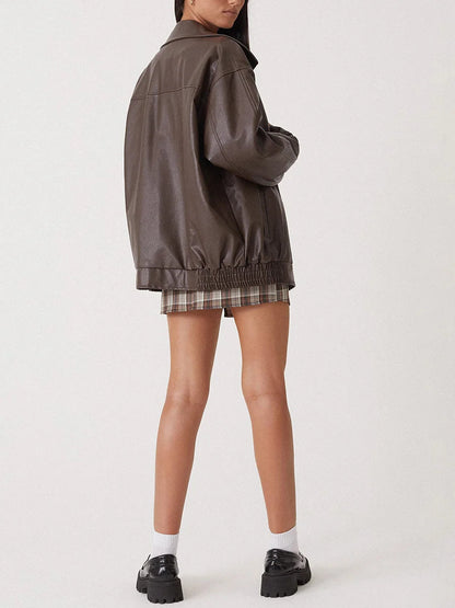 Women's Oversized Leather Bomber Jacket with Zipper Front – Casual Street Style Coats for Effortless Layering