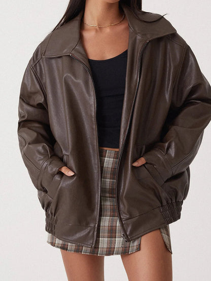 Women's Oversized Leather Bomber Jacket with Zipper Front – Casual Street Style Coats for Effortless Layering