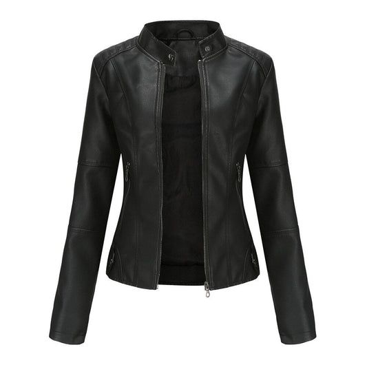 Women's PU Leather Jacket with Mandarin Collar – Stylish and Comfortable Leather Coat for Everyday Wear