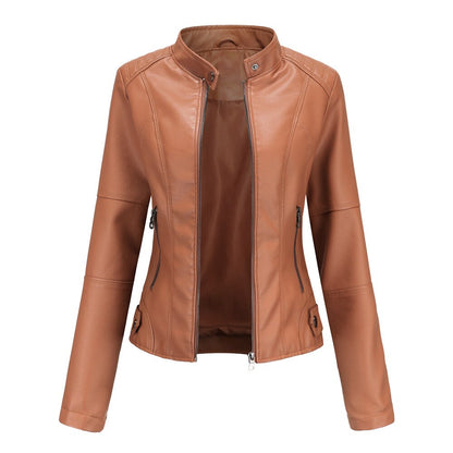 Women's PU Leather Jacket with Mandarin Collar – Stylish and Comfortable Leather Coat for Everyday Wear