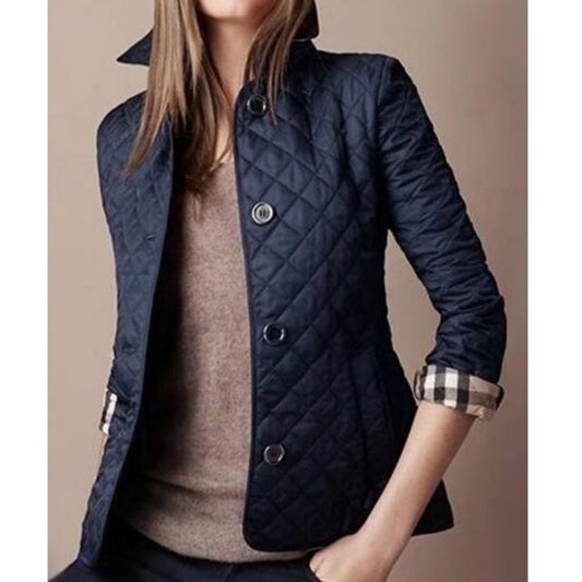 Women's Quilted Jacket with Button-Up Design and Checked Cuffs – Tailored Fit for Smart-Casual Wear