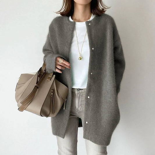 Women's White Knitted Cardigan Sweater with Button Closure - Elegant, Comfortable, Relaxed Fit for Casual or Work Settings