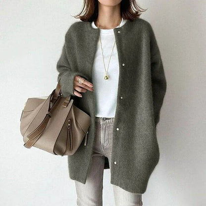 Women's White Knitted Cardigan Sweater with Button Closure - Elegant, Comfortable, Relaxed Fit for Casual or Work Settings