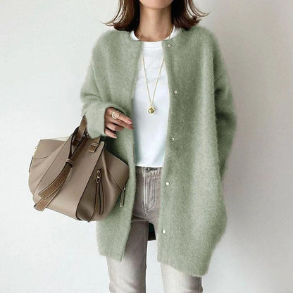 Women's White Knitted Cardigan Sweater with Button Closure - Elegant, Comfortable, Relaxed Fit for Casual or Work Settings