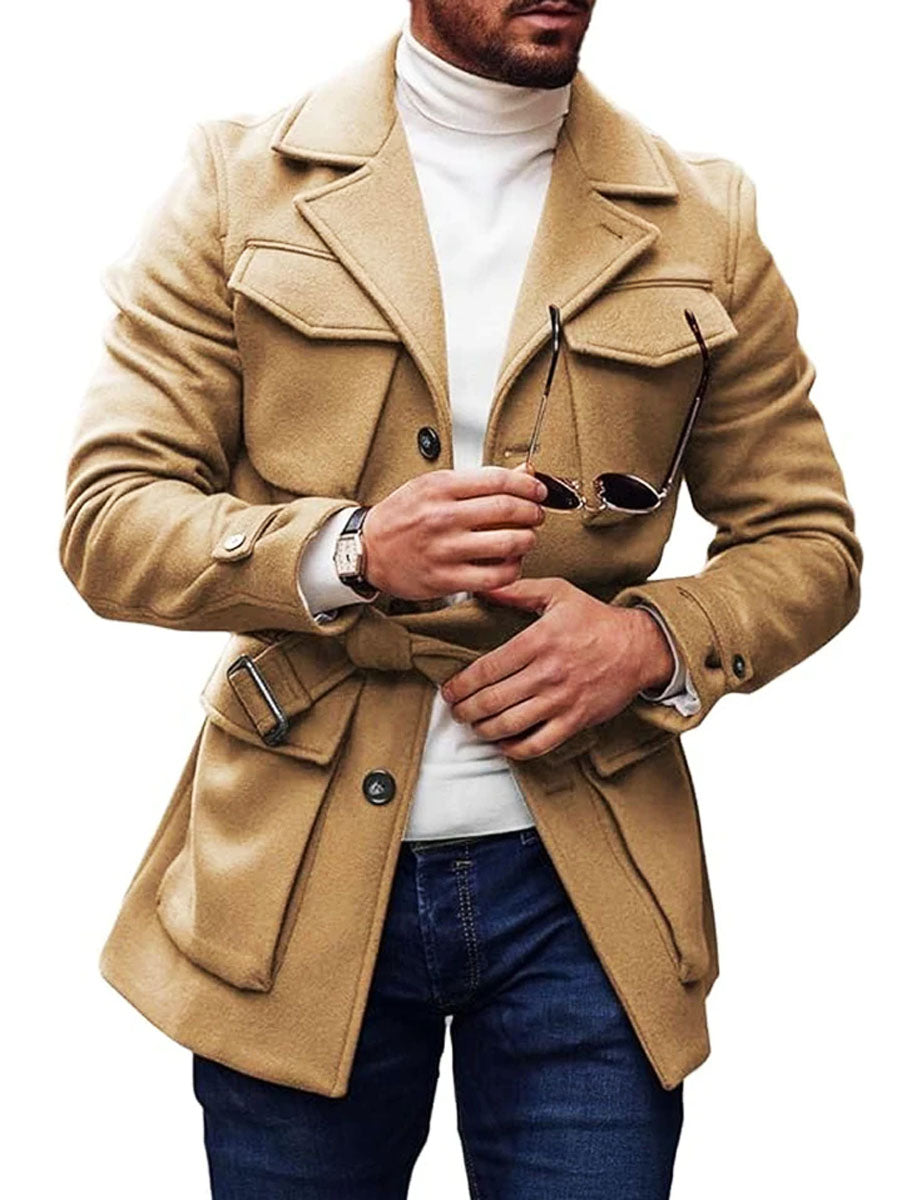 Solid Color Multi-Pocket Lapel Lace-Up Woolen Coat