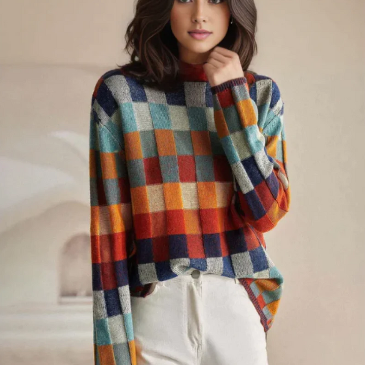 Adalynn™ - Colourful Roll Neck Jumper with Patchwork Knit Pattern