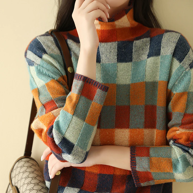 Adalynn™ - Colourful Roll Neck Jumper with Patchwork Knit Pattern