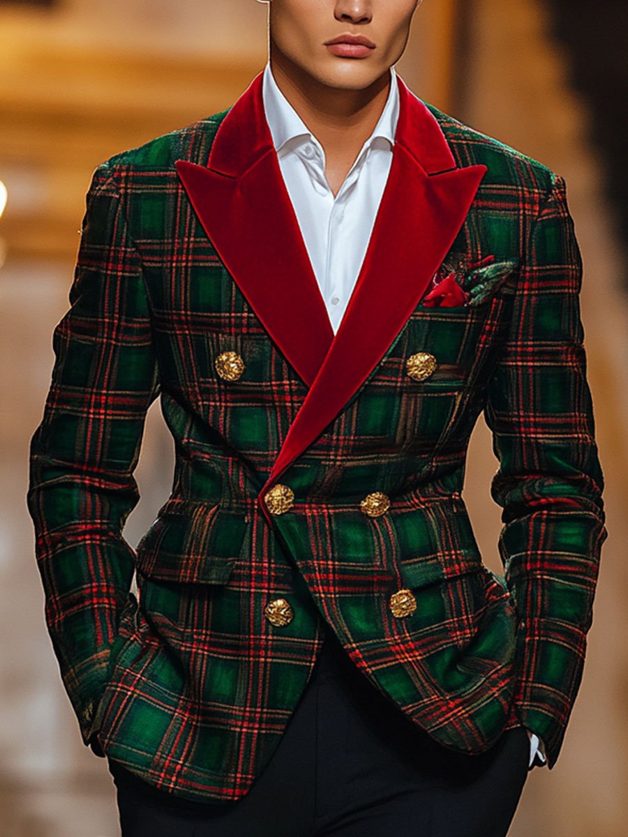 Men's Classic Plaid Lapel Double-Breasted Festive Blazer