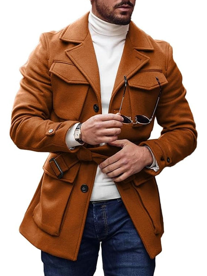 Solid Color Multi-Pocket Lapel Lace-Up Woolen Coat