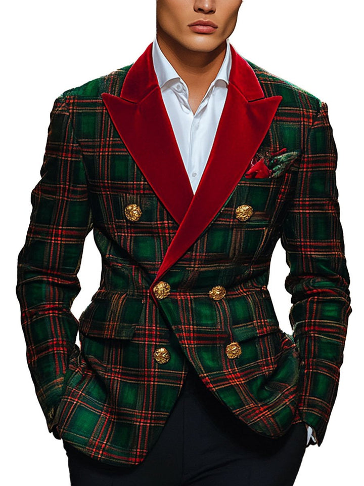 Men's Classic Plaid Lapel Double-Breasted Festive Blazer