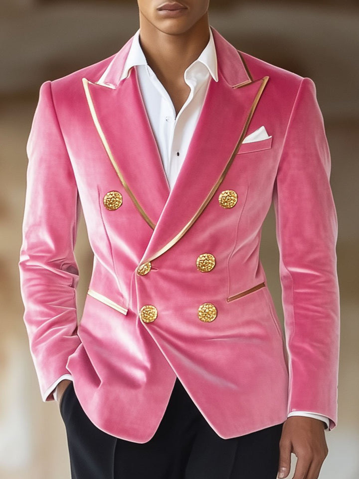 Men's Contrast Pink Velvet Double-Breasted Vintage Blazer