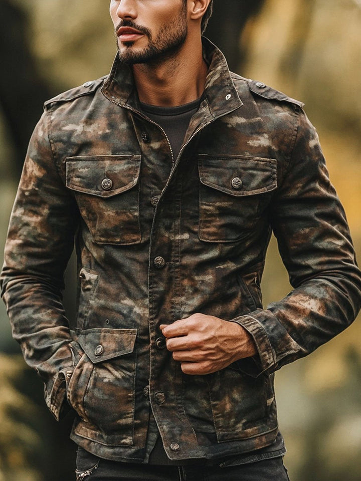 Men's Vintage Camouflage Print Multi-Pocket Zipper Casual Jacket