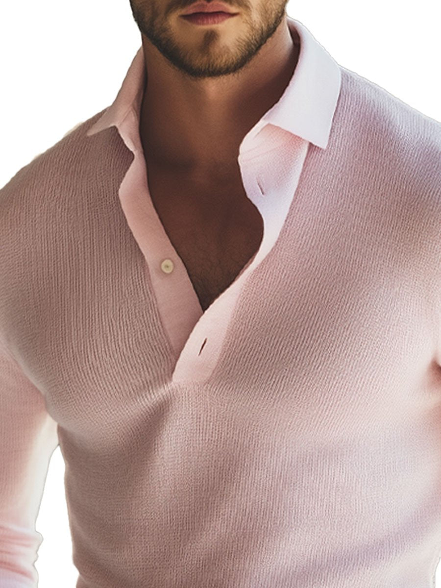 Men's Half-Open Collar Pink Long-Sleeved Knitted T-Shirt