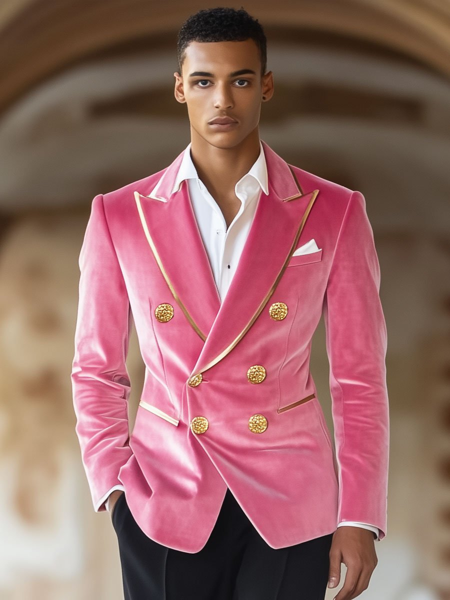 Men's Contrast Pink Velvet Double-Breasted Vintage Blazer