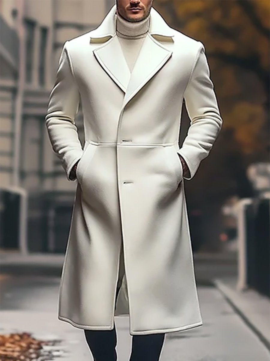 Business Lapel Collar Button Long Woolen Overcoat