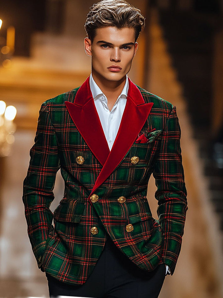 Men's Classic Plaid Lapel Double-Breasted Festive Blazer