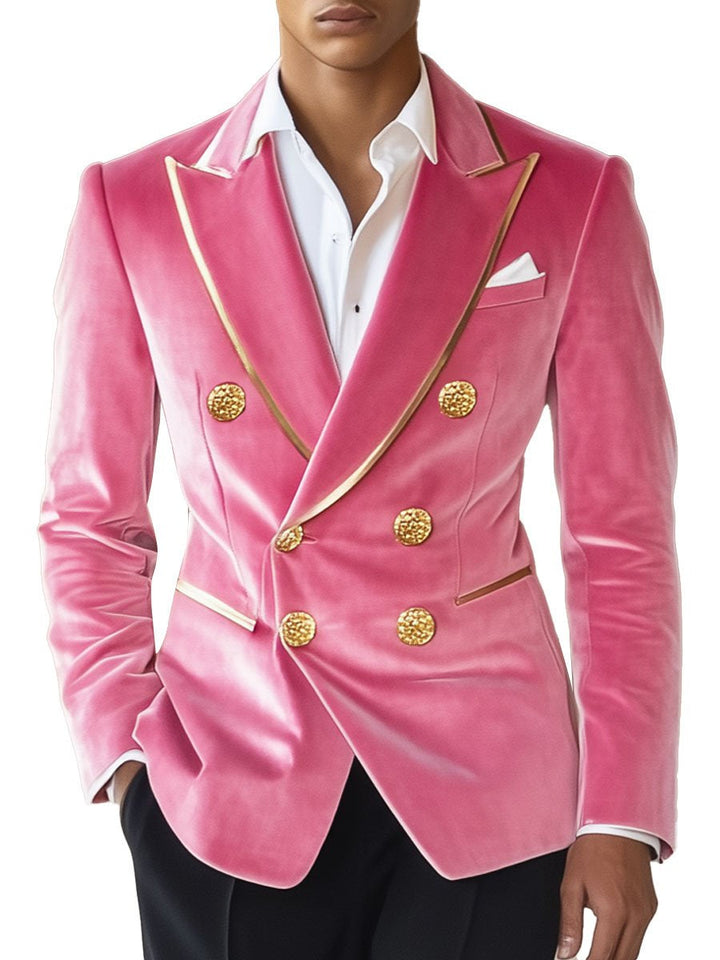 Men's Contrast Pink Velvet Double-Breasted Vintage Blazer