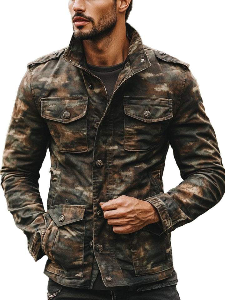 Men's Vintage Camouflage Print Multi-Pocket Zipper Casual Jacket