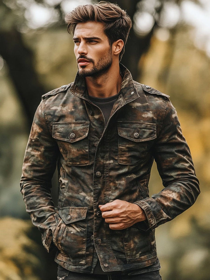 Men's Vintage Camouflage Print Multi-Pocket Zipper Casual Jacket