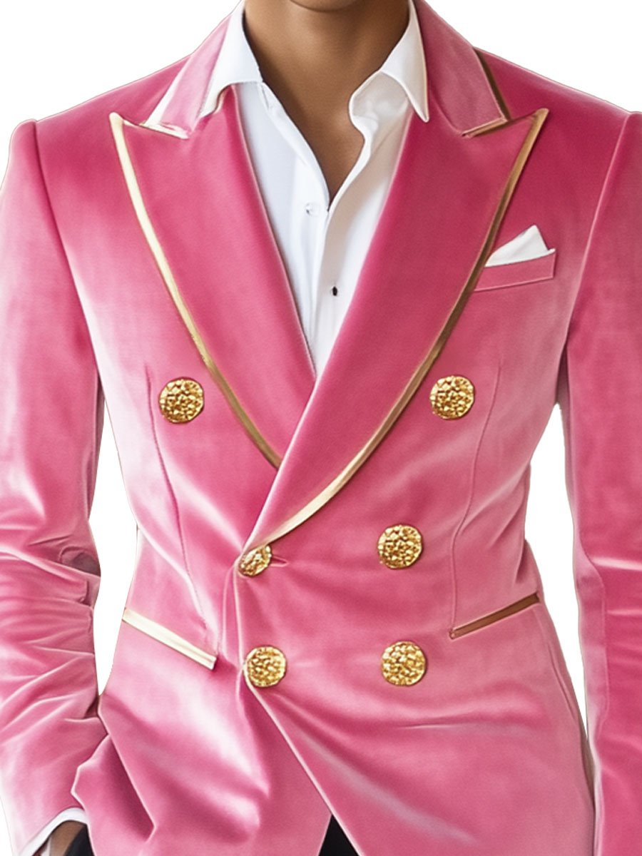 Men's Contrast Pink Velvet Double-Breasted Vintage Blazer