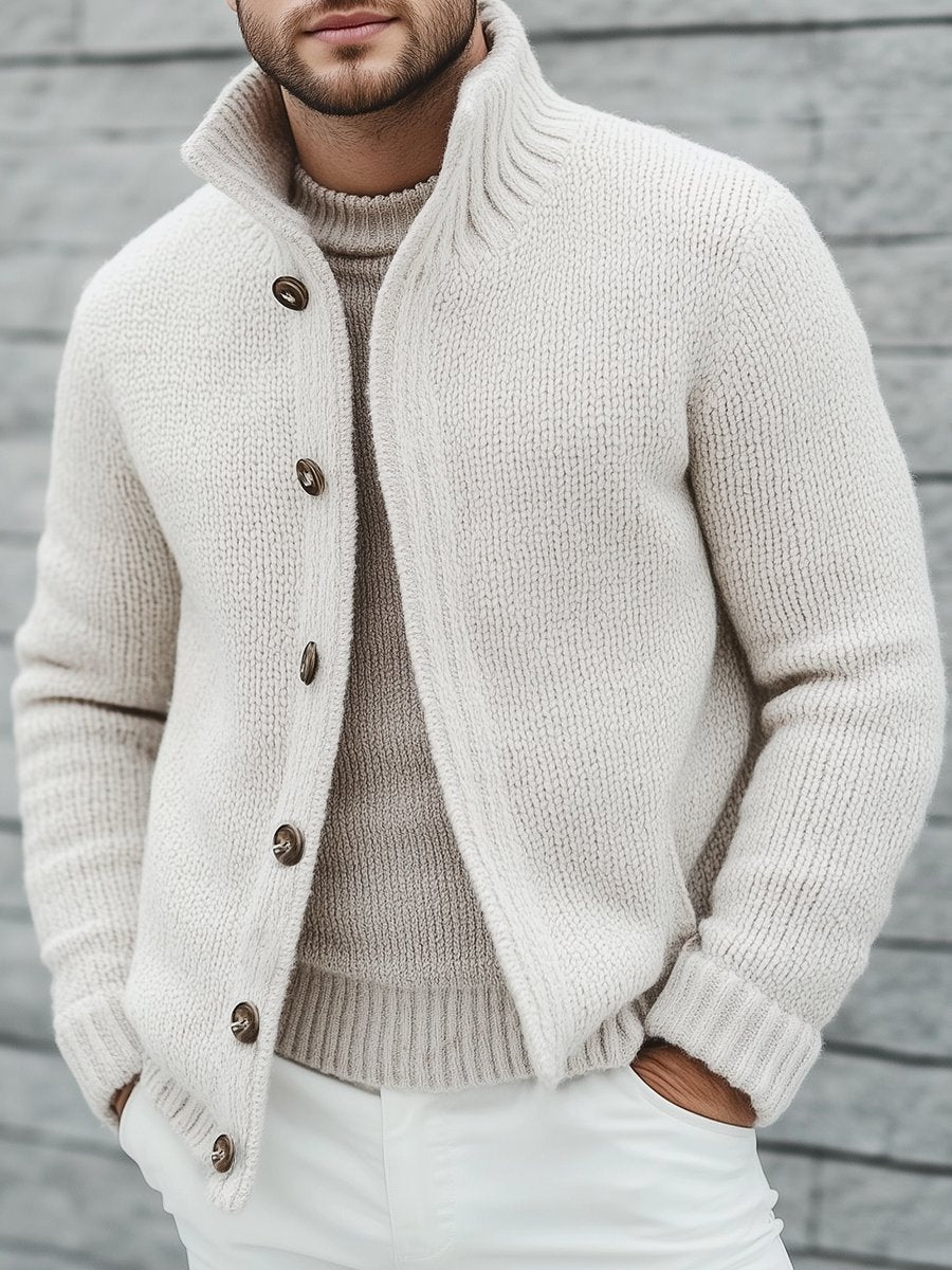 Casual Solid Color Stand Collar Button Knitted Cardigan