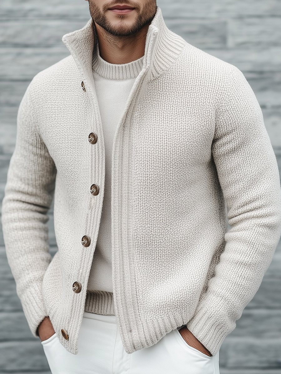 Casual Solid Color Stand Collar Button Knitted Cardigan