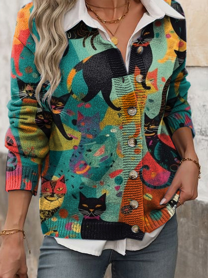 Cute Cat Illustration Printed Cardigan for Women