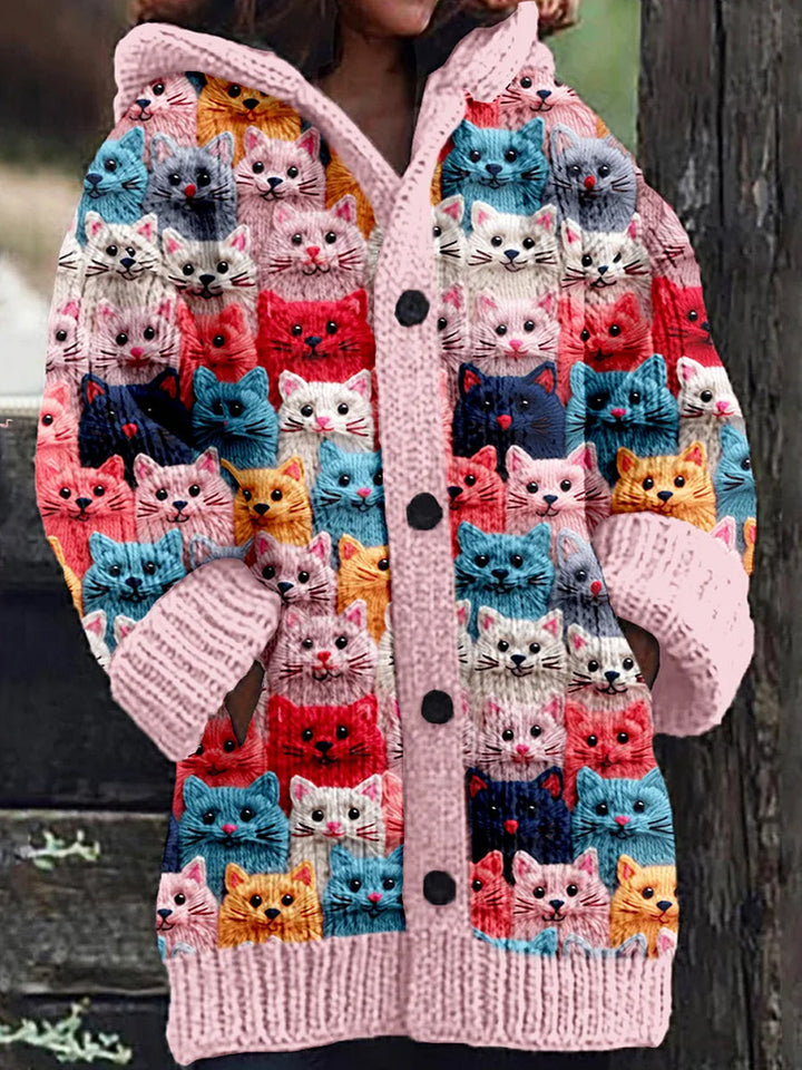 Cute Retro Pet Print Button-Up Thick Long Sleeve Hoodie Cardigan