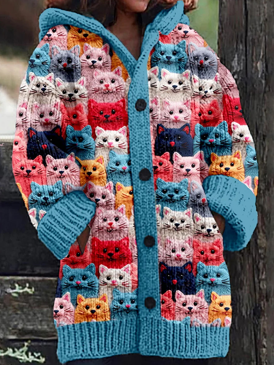 Cute Retro Pet Print Button-Up Thick Long Sleeve Hoodie Cardigan