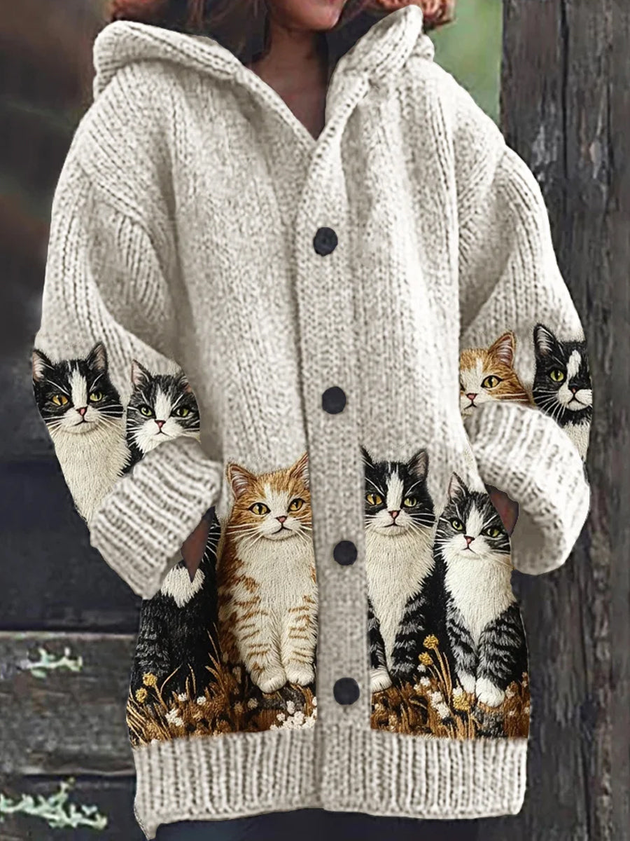 Cute Cat Print Thick Long Sleeve Hoodie Cardigan Sweater