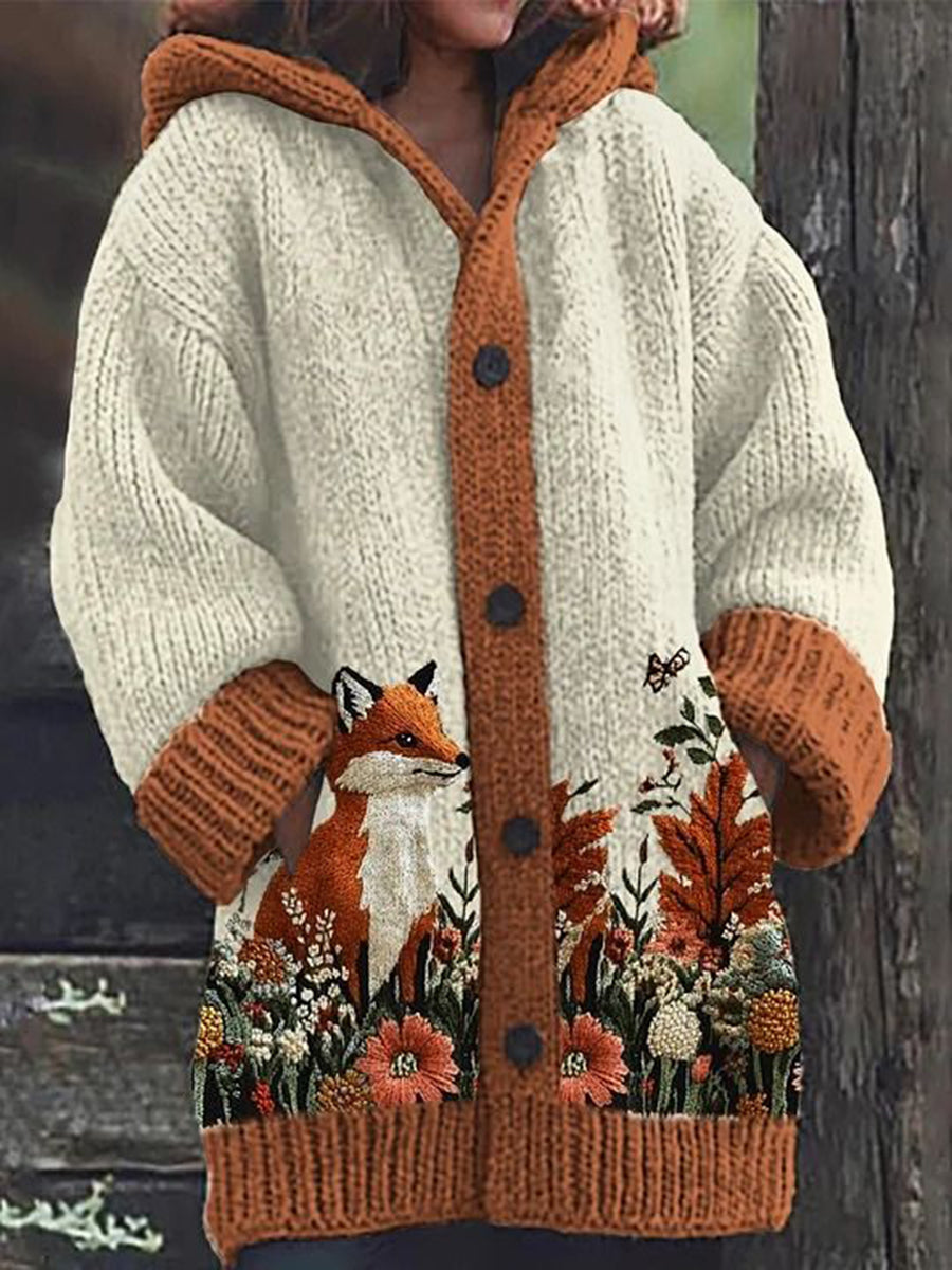 Comfortable Casual Knitted Hooded Cardigan with Fox Flower Motif for Women