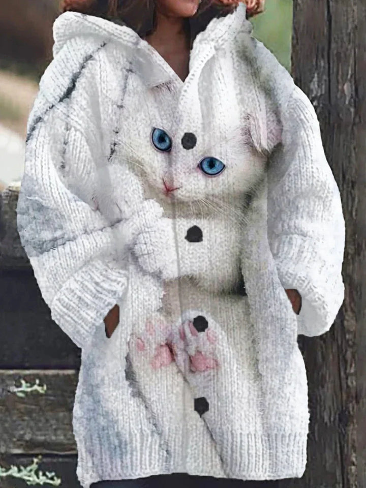 Casual knitted hooded cardigan with cute cat pattern for women