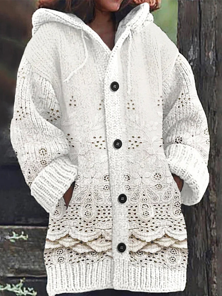 Retro Print Button Transparent Embroidery Thick Long Sleeve Hooded Cardigan