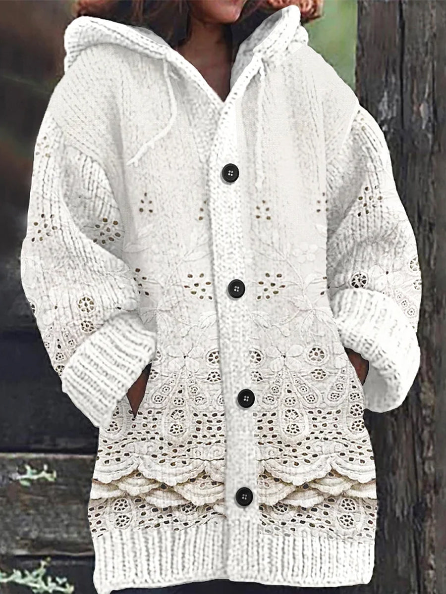 Retro Print Button Transparent Embroidery Thick Long Sleeve Hooded Cardigan