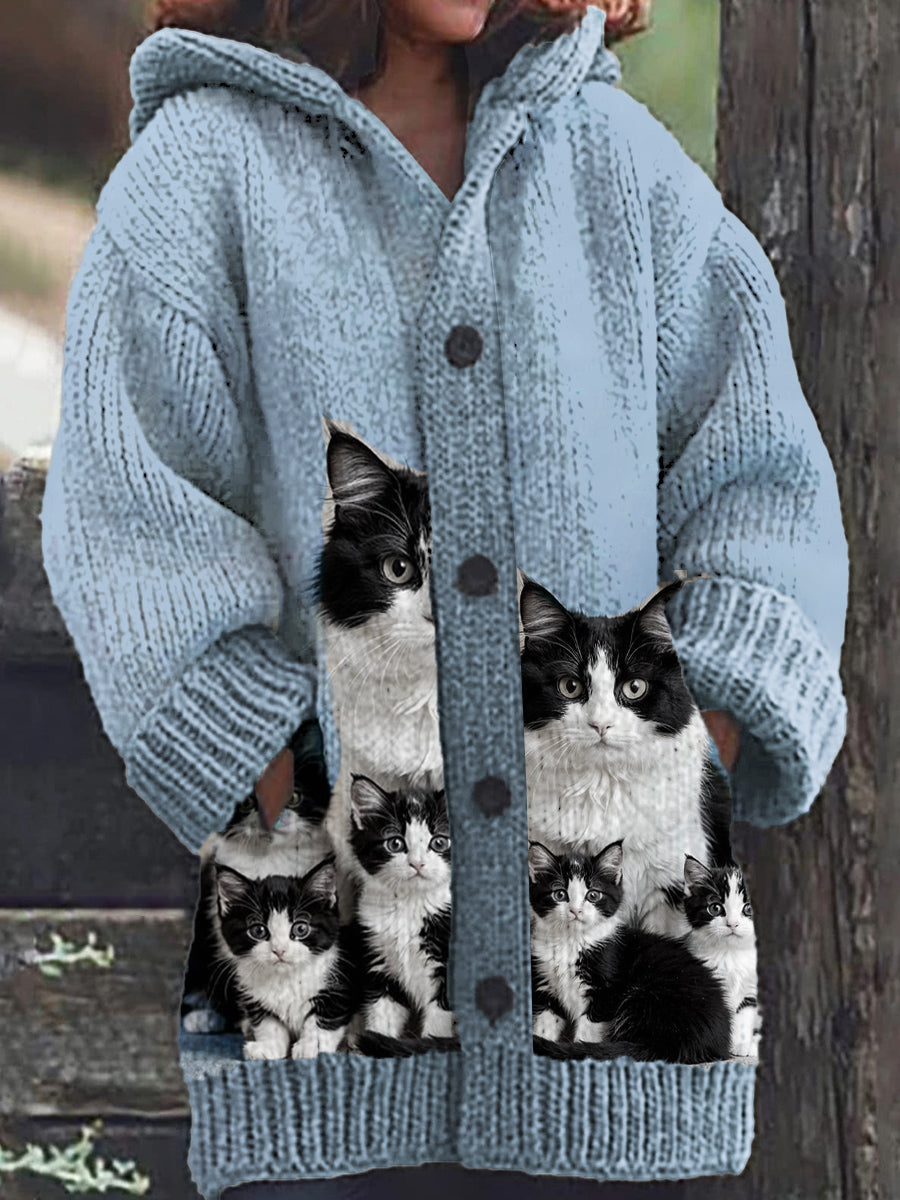 Cute Cat Pattern Women's Knitted Casual Warm Hoodie Cardigan