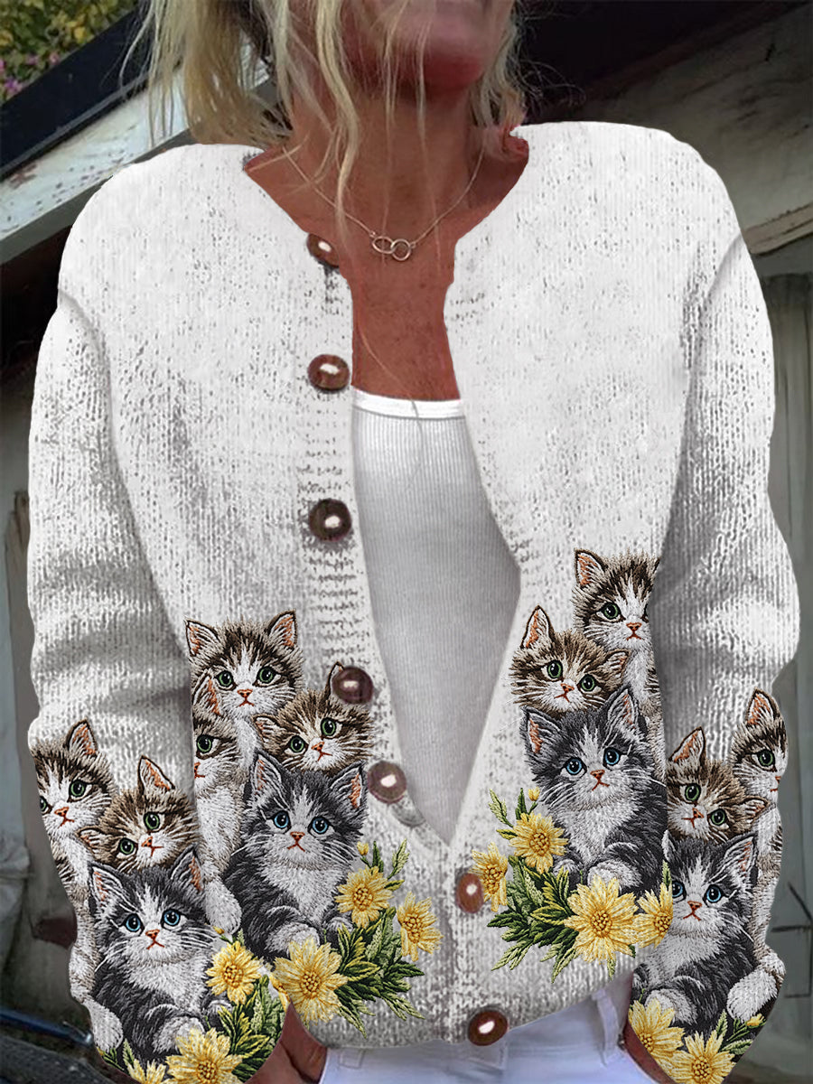 Casual long sleeve knitted cardigan with cute cat print