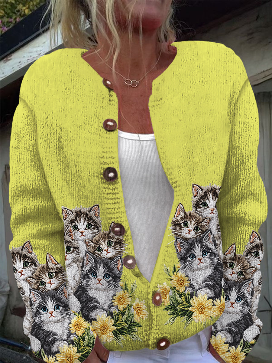 Casual long sleeve knitted cardigan with cute cat print